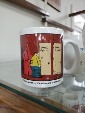 The Far Side Gary Larson Vtg 1985 “Damned If You Do” Coffee Mug Novelty Cup